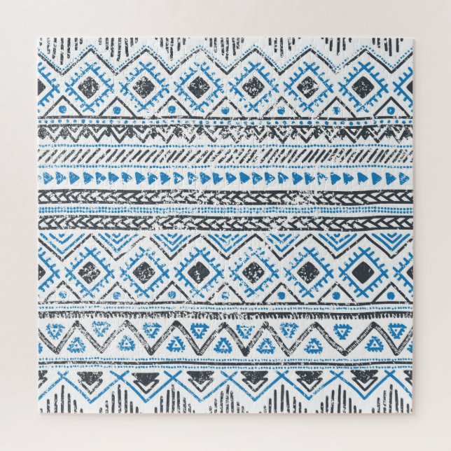 Quebra-cabeça Azul étnico, fundo sem costura branco. (Vertical)