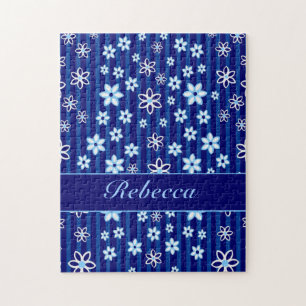 Quebra-cabeça Azul floral personalizado e branco modelados