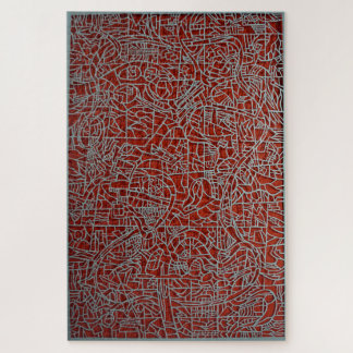 Quebra-cabeça azul sobre labirinto vermelho