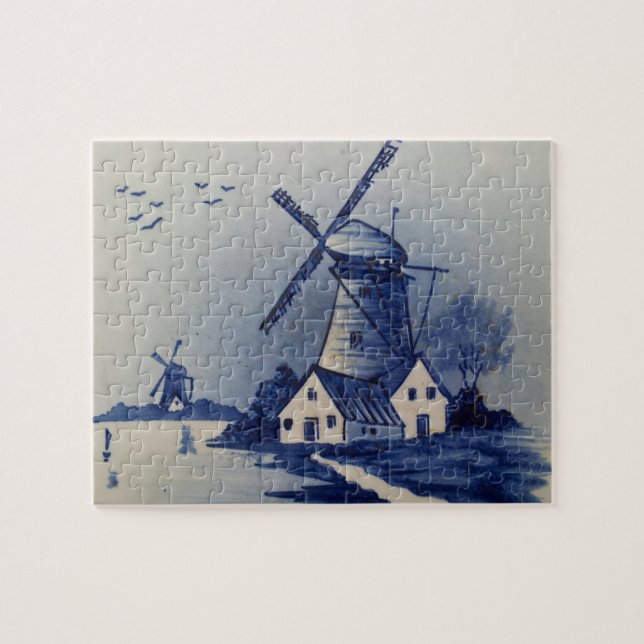 Quebra-cabeça Azul Vintage Delft Moinho de Vento Branco (Horizontal)