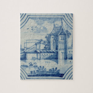 Quebra-cabeça Azulejo de Delft que mostra um drawbridge sobre um