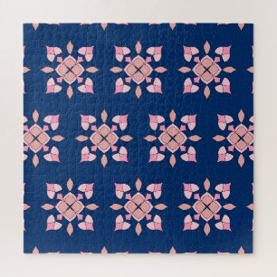 Quebra-cabeça Azulejos Florais Geométricos Rosa e Azul Marinho