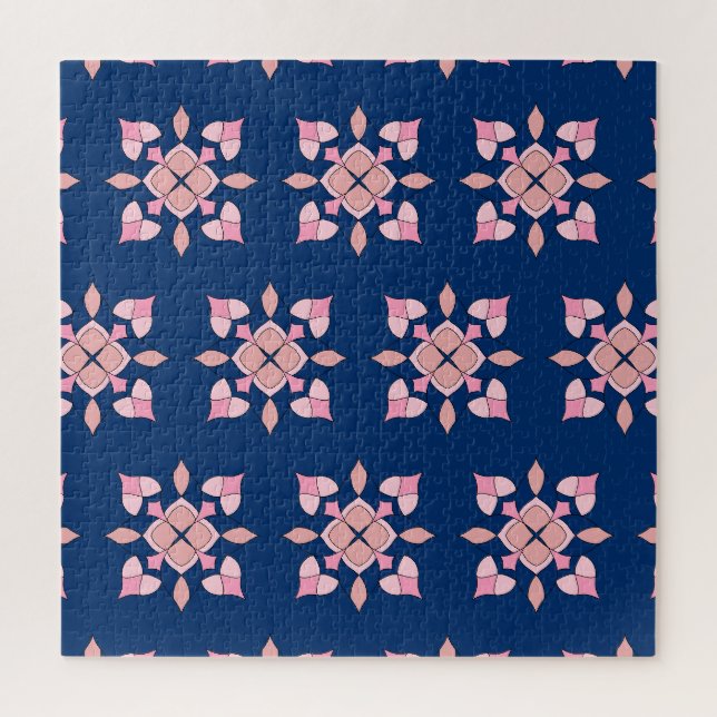 Quebra-cabeça Azulejos Florais Geométricos Rosa e Azul Marinho (Vertical)