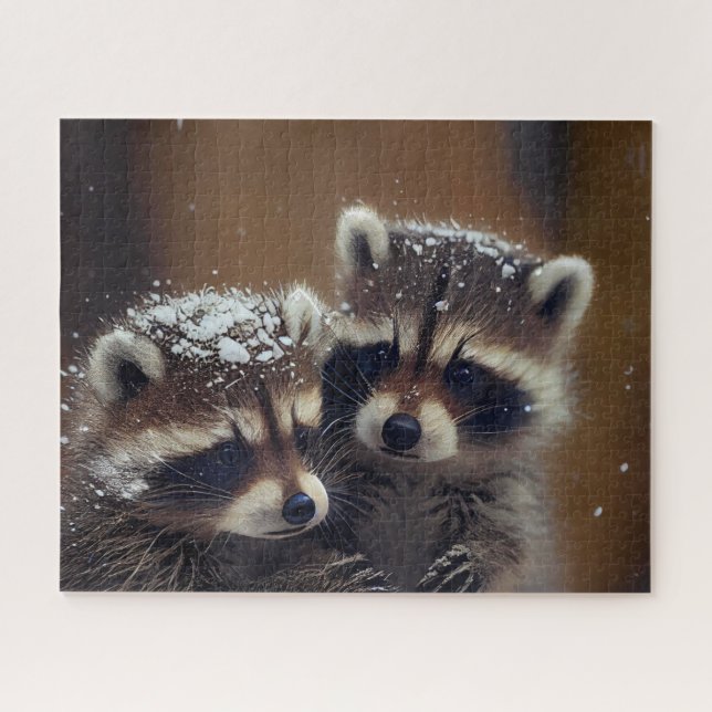 Quebra-cabeça Baby Raccoons Huddle in Falling Snow (Horizontal)