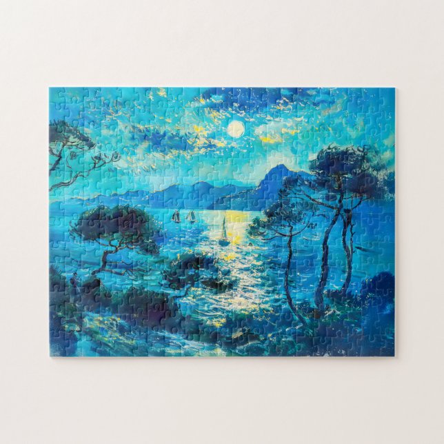 Quebra-cabeça Baía ao Luar com Barcos Noturno Impressionista (Horizontal)