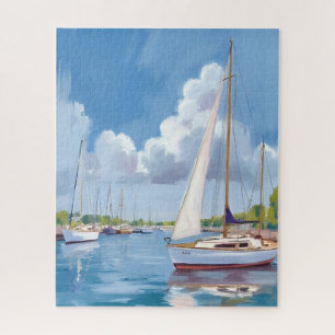 Quebra-cabeça Baía de Barcos à Vela Pintura em Aquarela Costei