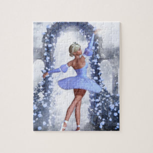 Quebra-cabeça bailarina de fantasia azul e branca com rosa