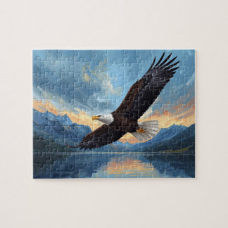 Quebra-cabeça Bald Eagle Soaring Mountain Lake Sunset Art