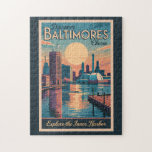 Quebra-cabeça Baltimore Maryland Skyline Viagem Art Vintage<br><div class="desc">Baltimore retro vetor viagem design. De explorar o vivo porto interior e visitar o Aquário Nacional para aproveitar os frutos do mar em Fells Point,  Baltimore mistura charme,  cultura e beleza costeira.</div>