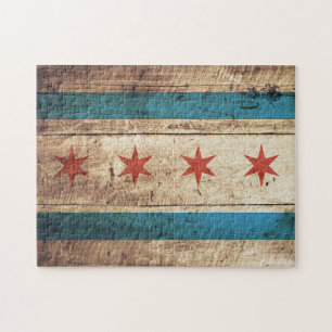 Quebra-cabeça Bandeira de Chicago na grão de madeira velha