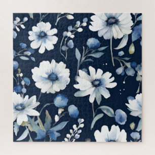 Quebra-cabeça Bando de Flores Elegante Aquarela Azul