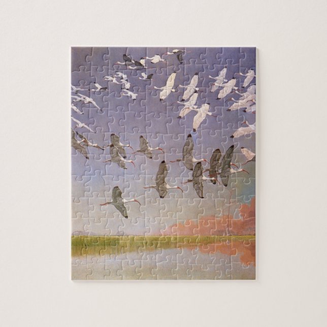 Quebra-cabeça Bando de Ibis sobrevoando Zonas Úmidas, Aves Vinta (Vertical)