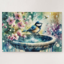 Banho de Pássaros de Primavera Aquarela
