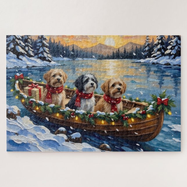 Quebra-cabeça Barco de Natal do Lhasa Apso de Férias (Horizontal)