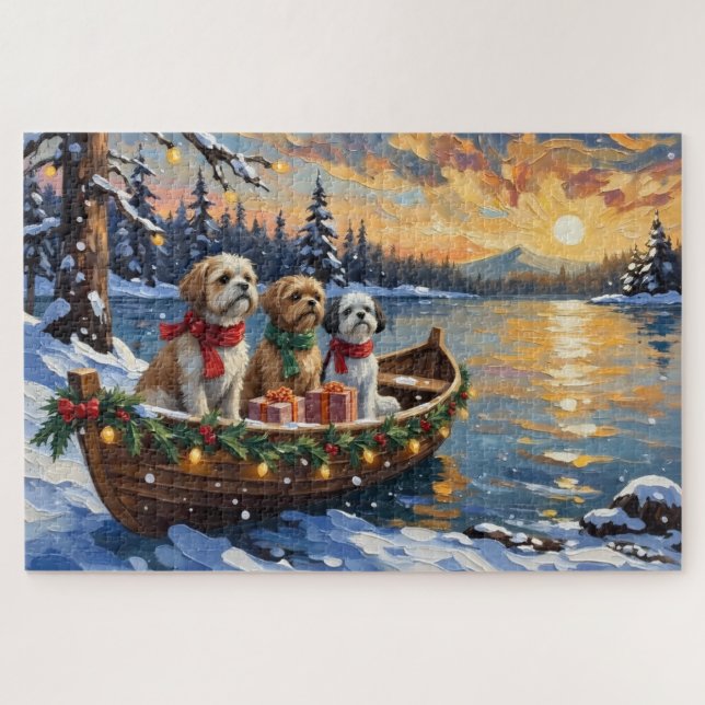 Quebra-cabeça Barco de Natal do Shih Tzu Férias (Horizontal)