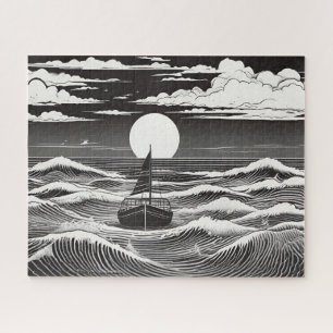 Quebra-cabeça Barco de Solitário com esboço preto e branco no ma