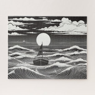 Quebra-cabeça Barco de Solitário Negro e Branco em um mar tempes