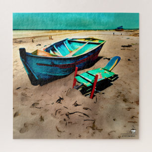 Quebra-cabeça Barco Verde-azulado em uma Praia Arenosa