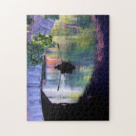 Quebra-cabeça Barco Verde Roxo Cênico Sob Ponte Arch Rock