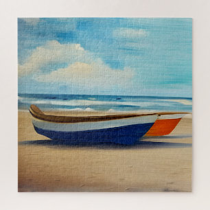 Quebra-cabeça Barco Vermelho e Azul em uma Praia Arenosa