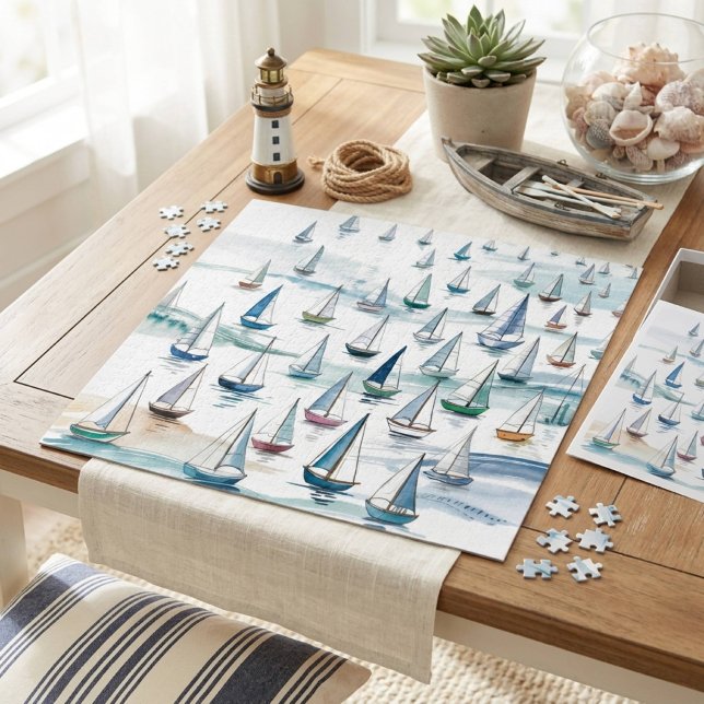 Quebra-cabeça Barcos à Vela em Aquarela no Mar Náutico (Criador carregado)