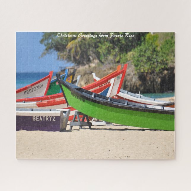 Quebra-cabeça Barcos de Pesca Porto Rico. Saudações de Natal (Horizontal)