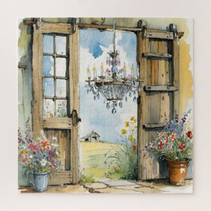 Quebra-cabeça Barn Chandelier e Fazenda Vista Floral Watercolor