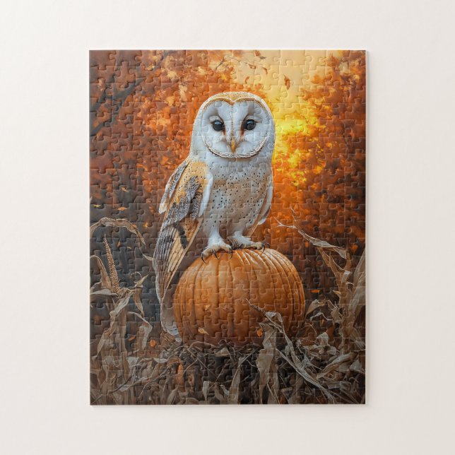 Quebra-cabeça Barn Owl no outono de Pumpkin (Vertical)