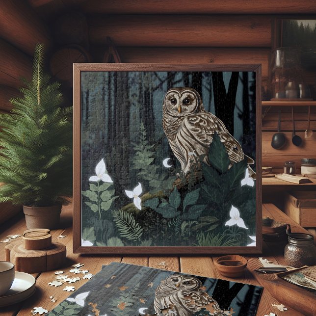 Quebra-cabeça Barred Owl Fantasy Woodland Trillium Night Garden (beautiful woodland owl portrait with Trillium forest flowers and tiny crescent moon)