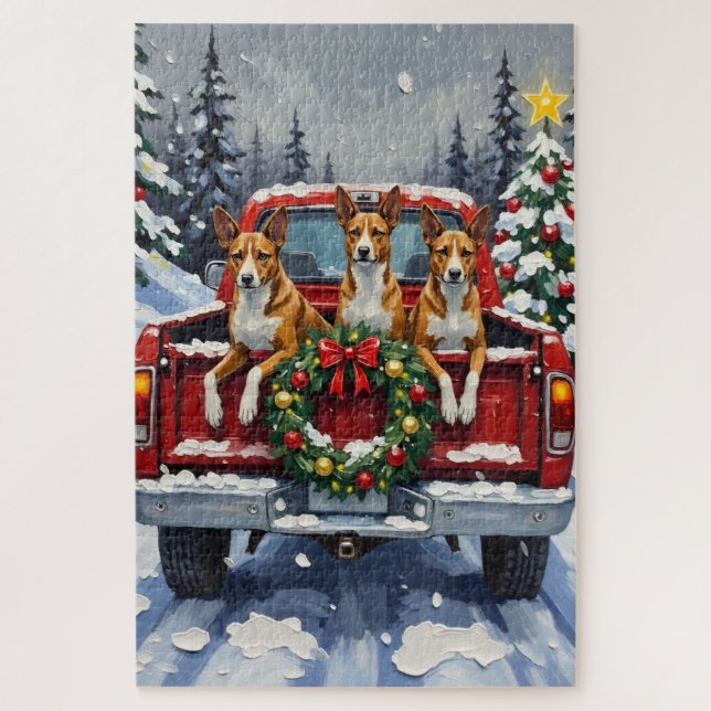 Quebra-cabeça Basenji Christmas Red Truck Holiday (Vertical)