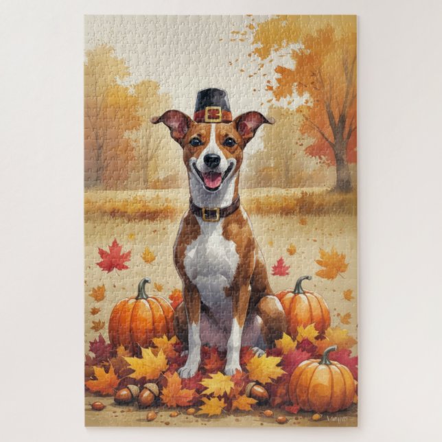Quebra-cabeça Basenji nas Folhas de Outono Arte de Ação de Graça (Vertical)