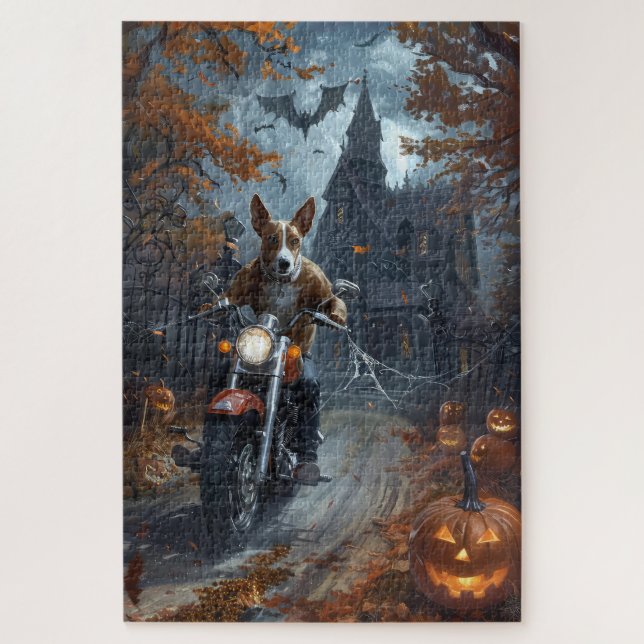 Quebra-cabeça Basenji Riding Motorcycle Halloween Scary (Vertical)