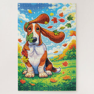 Quebra-cabeça Basset Hound Brincalhão Folhas de Outono Cartoon