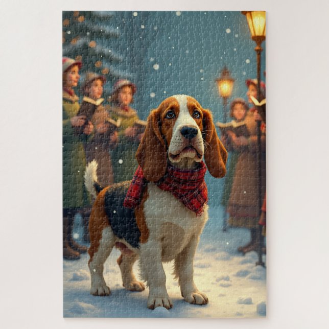Quebra-cabeça Basset Hound Christmas Carol Singers Painting (Vertical)