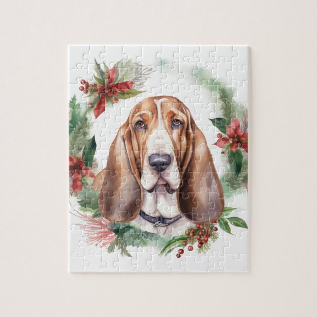 Quebra-cabeça Basset Hound Christmas Wreath Festivo Pup (Vertical)