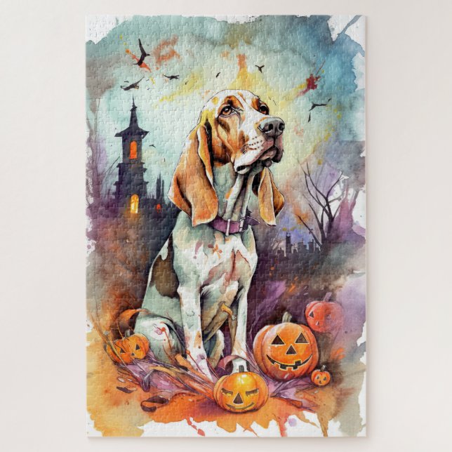 Quebra-cabeça Basset Hound de Halloween com Abóboras Assustadora (Vertical)
