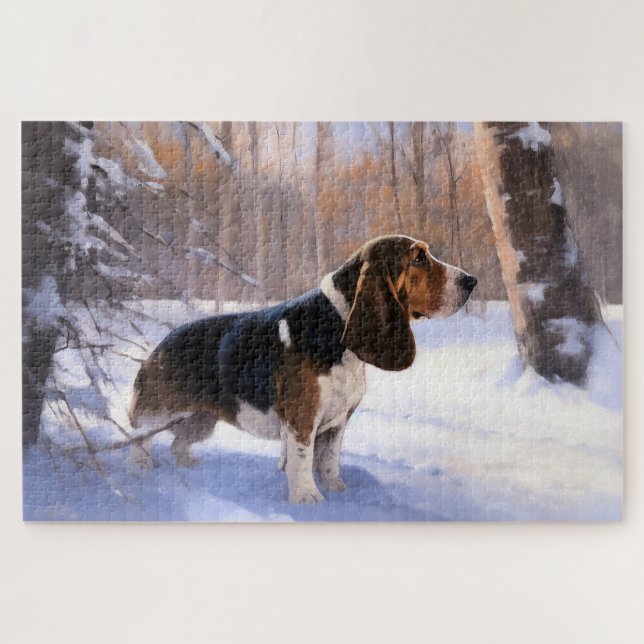 Quebra-cabeça Basset Hound Deixe-O Neve Natal (Horizontal)