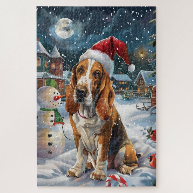 Quebra-cabeça Basset Hound Dog Winter Wonderland Natal Joy (Vertical)