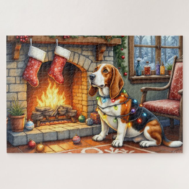 Quebra-cabeça Basset Hound Fireplace with Christmas Lights (Horizontal)