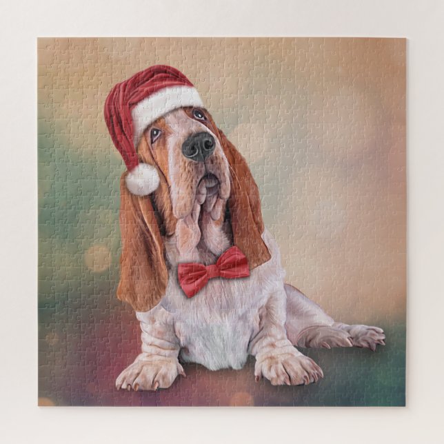 Quebra-cabeça Basset Hound no chapéu vermelho de Papai Noel (Vertical)