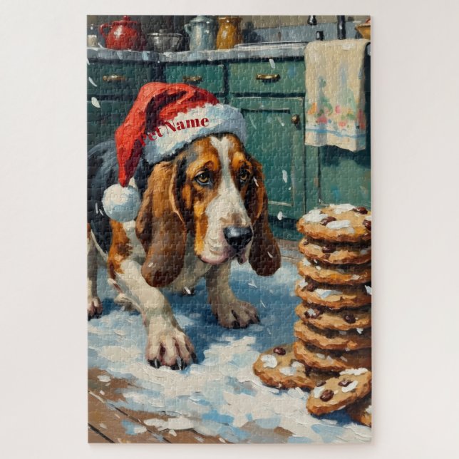 Quebra-cabeça Basset Hound Sniffing Christmas Cookie Trail Hat (Vertical)