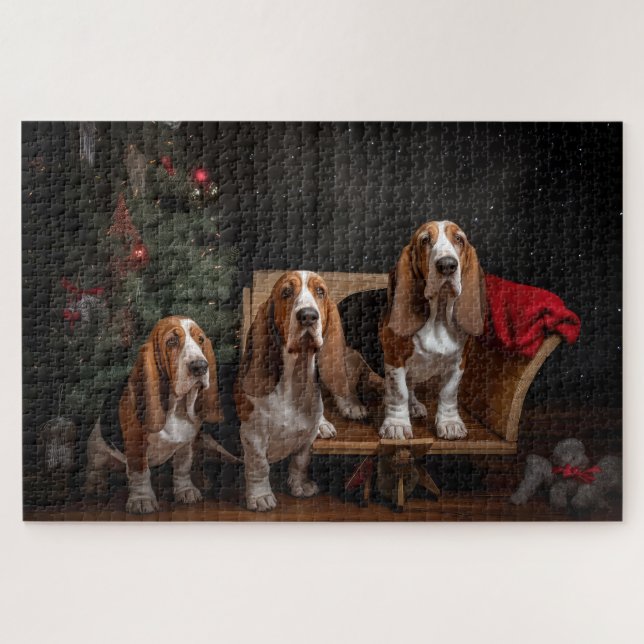 Quebra-cabeça Basset Hound Snowy Sleigh Decência de Natal (Horizontal)