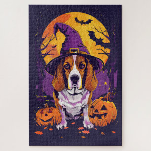 Quebra-cabeça Beagle Assustador Abobora e Bruxa de Halloween