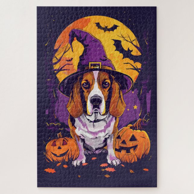 Quebra-cabeça Beagle Assustador Abobora e Bruxa de Halloween (Vertical)