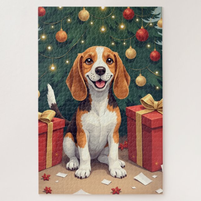 Quebra-cabeça Beagle Christmas Morning Gift-Unboxing Painting (Vertical)