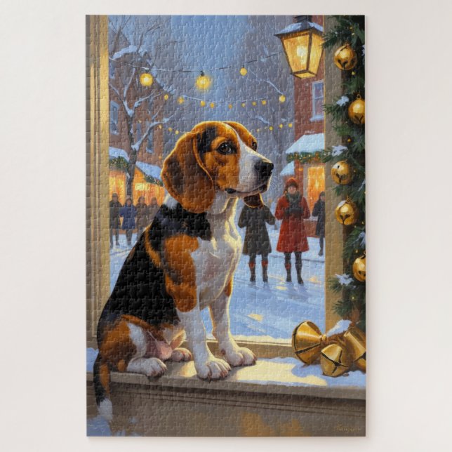 Quebra-cabeça Beagle Com Luzes De Natal Feriado (Vertical)