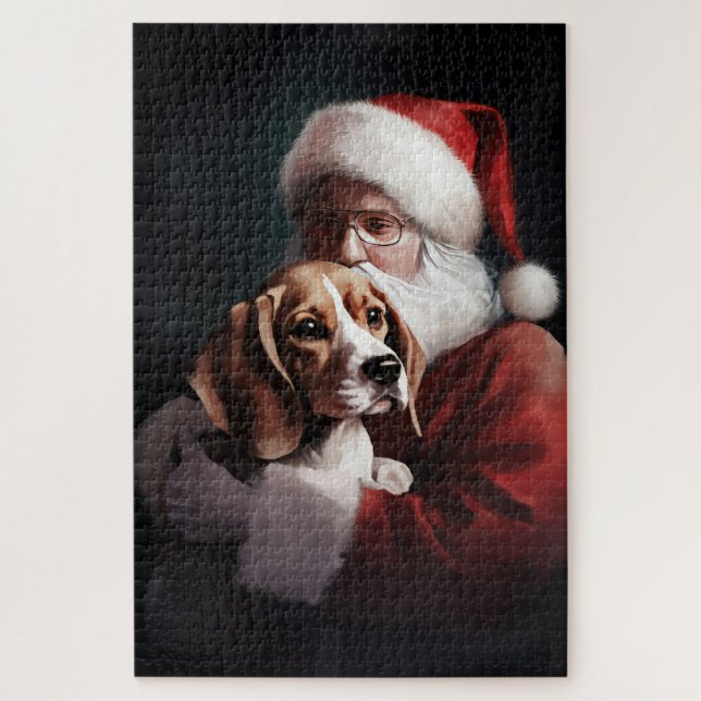 Quebra-cabeça Beagle com Papai Noel Natal Festivo (Vertical)