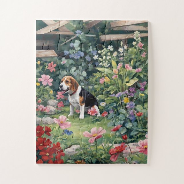 Quebra-cabeça Beagle em Garden, presente floral, amante de os an (Vertical)