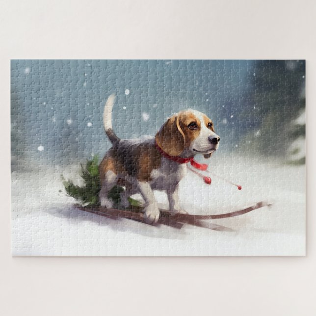 Quebra-cabeça Beagle Natal neve inverno (Horizontal)