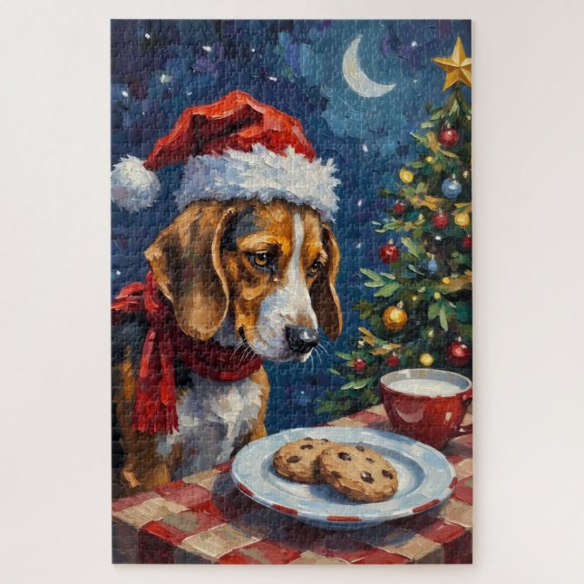 Quebra-cabeça Beagle Nudging Santa's Christmas Cookies Hat (Vertical)